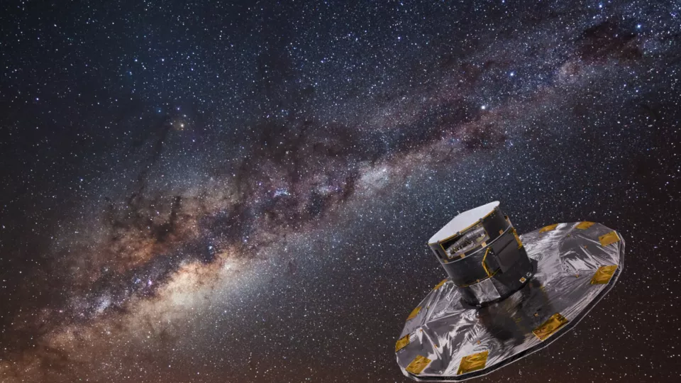 Artist impression of Gaia space sattelite in front of the Milky Way.