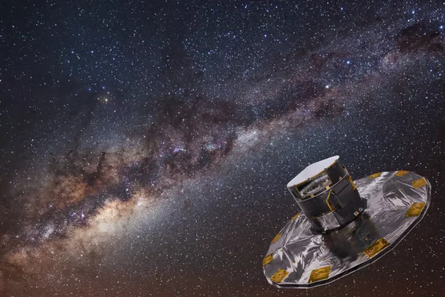 Artist impression of Gaia space sattelite in front of the Milky Way.