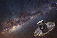 Artist impression of Gaia space sattelite in front of the Milky Way.