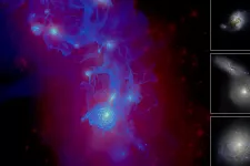 Snapshots from a simulation on galaxy formation.