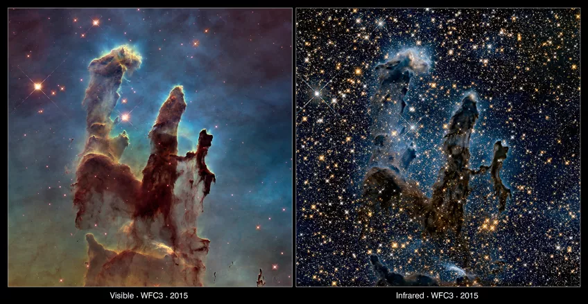 The Pillars of Creation in the Eagle Nebula comparing visible and NIR. Image NASA.